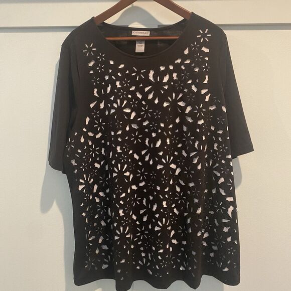 Catherines Tunic Top Womens Plus 1X Black Laser Cut Outs Unique Contemporary - Picture 1 of 13